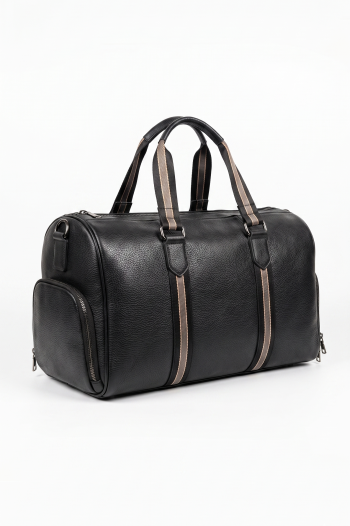 Front view of a centered black pebbled leather duffle bag with striped handles and a detached black shoulder strap on a pure white background for Amazon product listings.