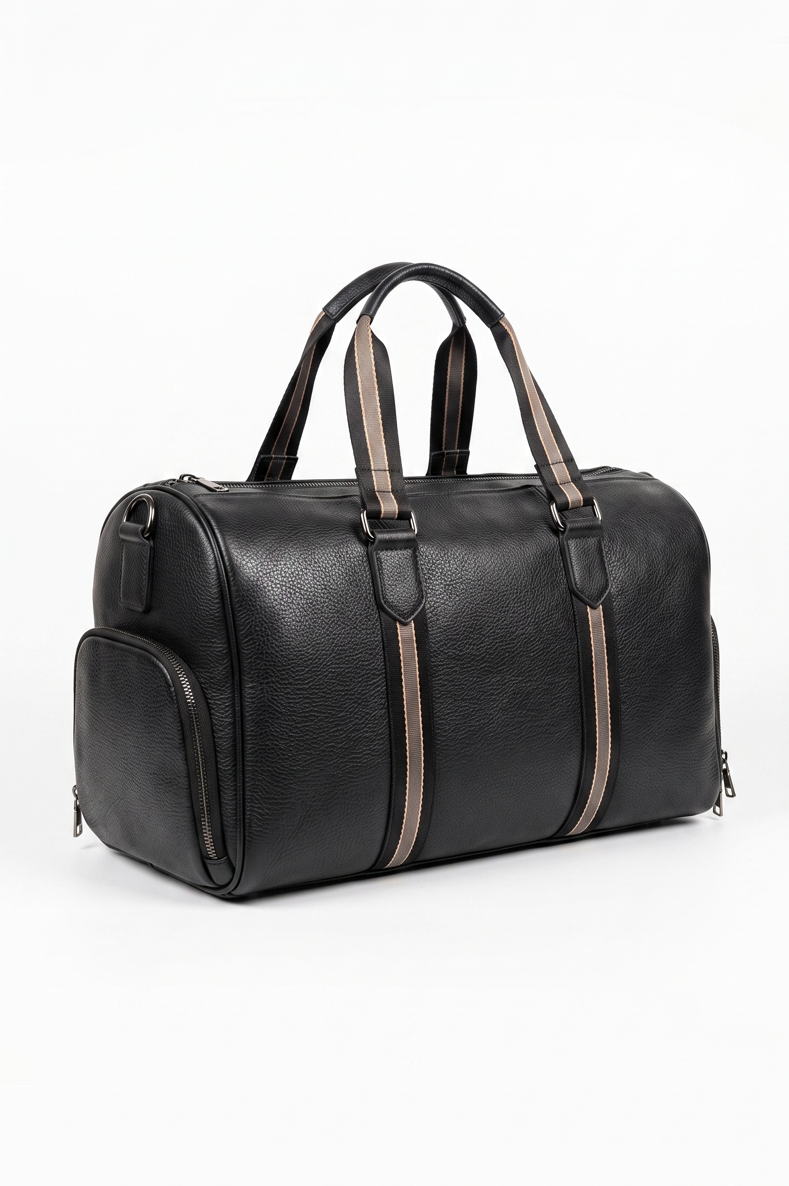 Premium Black Pebbled Leather Duffle Bag with Detachable Shoulder Strap – Professional Travel & Gym Weekender Front view of a centered black pebbled leather duffle bag with striped handles and a detached black shoulder strap on a pure white background for Amazon product listings.
