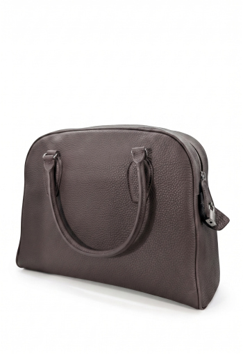 Front View: Earth taupe pebbled leather doctor-style satchel bag by SHUCLUB, featuring a structured dome silhouette, high-arched rolled leather top handles, and a silver zipper closure with a decorative silver padlock on the side tab. Back View: Rear studio view of the taupe pebbled leather SHUCLUB handbag, showcasing the clean, unadorned leather face, premium pebble grain texture, and teardrop-shaped handle anchors with silver hardware loops.