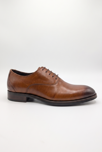 A high-quality top-down view of tan leather Shuclub dress shoes on a pure white background, showing the brand logo on the inner sole and detailed stitching.