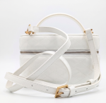Multi-Angle Composition: A studio product showcase of the snow white quilted patent leather vanity case bag by SHUCLUB, displaying the top profile, back view, clean front face, and a side profile highlighting the dual gold-tone zippers with cylindrical gold pull tabs. Front View with Strap: Close-up front view of the high-gloss white patent vanity case showing the geometric diamond quilting, fixed top handle, and matching adjustable crossbody strap with a gold buckle.