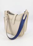 Premium Cream Leather Crossbody Bag with Reversible Blue and Beige Wide Shoulder Strap
