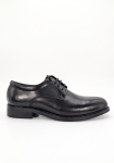 Side view of a polished black leather Oxford shoe on a clean white background.