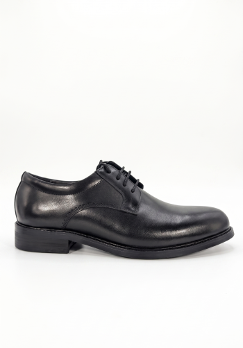 Side view of a polished black leather Oxford shoe on a clean white background.