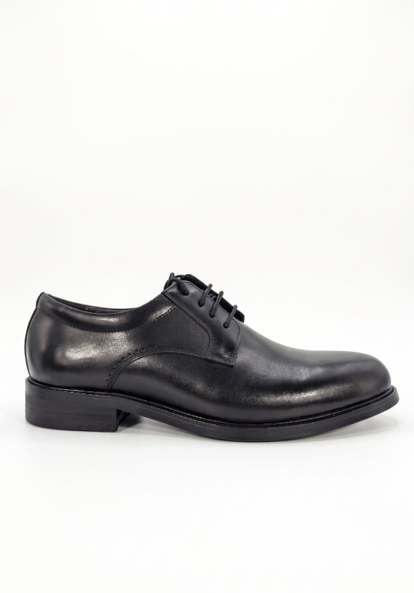 Side view of a polished black leather Oxford shoe on a clean white background.