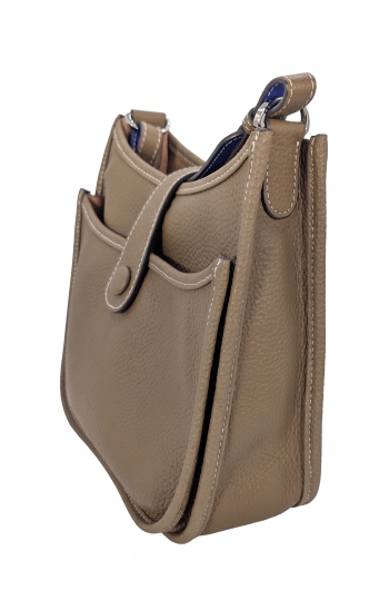Premium KHAKI Leather Crossbody Bag with Reversible Blue and Beige Wide Shoulder Strap