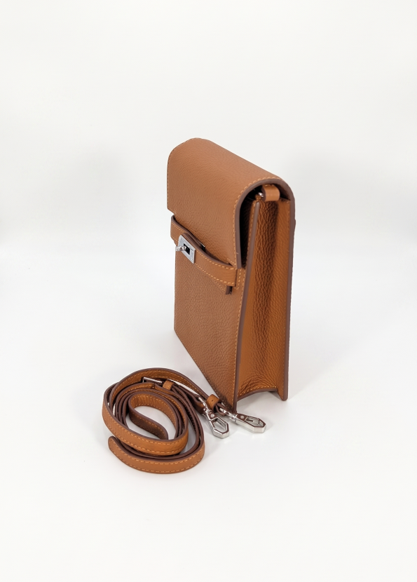 Luxury Tan Textured Leather Vertical Shoulder Bag / Phone Pouch
