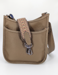Premium KHAKI Leather Crossbody Bag with Reversible Blue and Beige Wide Shoulder Strap